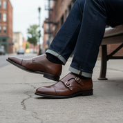 model-siting - Men's Brown Leather Double Buckle Oxford Shoes