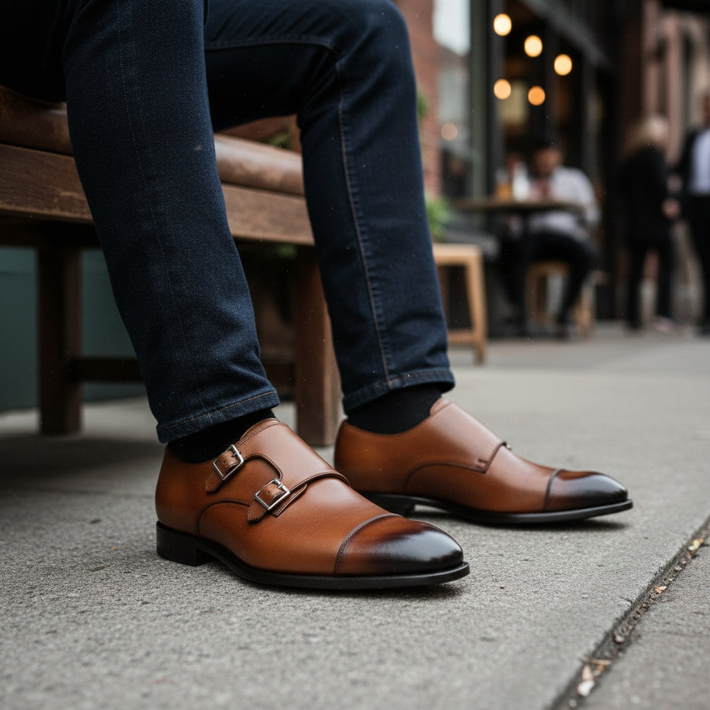 model-siting - Men's Brown Leather Double Buckle Oxford Shoes