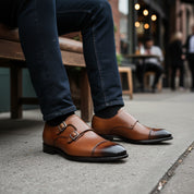 model-siting - Men's Brown Leather Double Buckle Oxford Shoes