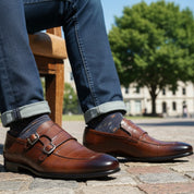 model-siting - Men's Brown Leather Double Buckle Penny Loafers