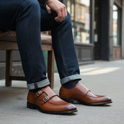 model-siting - Men's Brown Leather Double Monk Dress Shoes