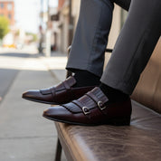 model-siting - Men's Brown Leather Double Monk Shoes