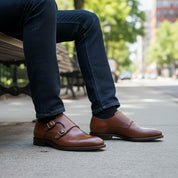 Men's Brown Leather Double Monk Strap Dress Shoes - model-siting