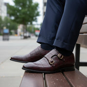 model-siting - Men's Brown Leather Double Monk Strap Shoes