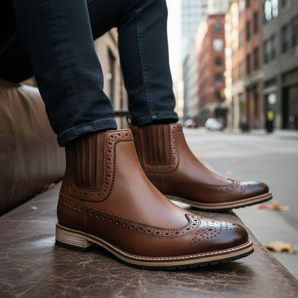 model-siting - Men's Brown Leather Dress Boots