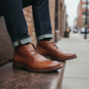 model-siting - Men's Brown Leather Dress Boots