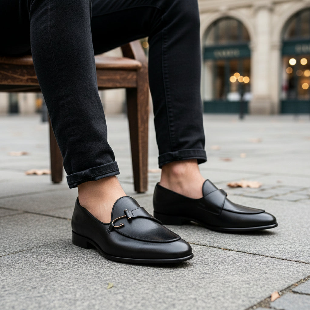 model-siting - Men's Brown Leather Dress Loafers