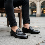model-siting - Men's Brown Leather Dress Loafers