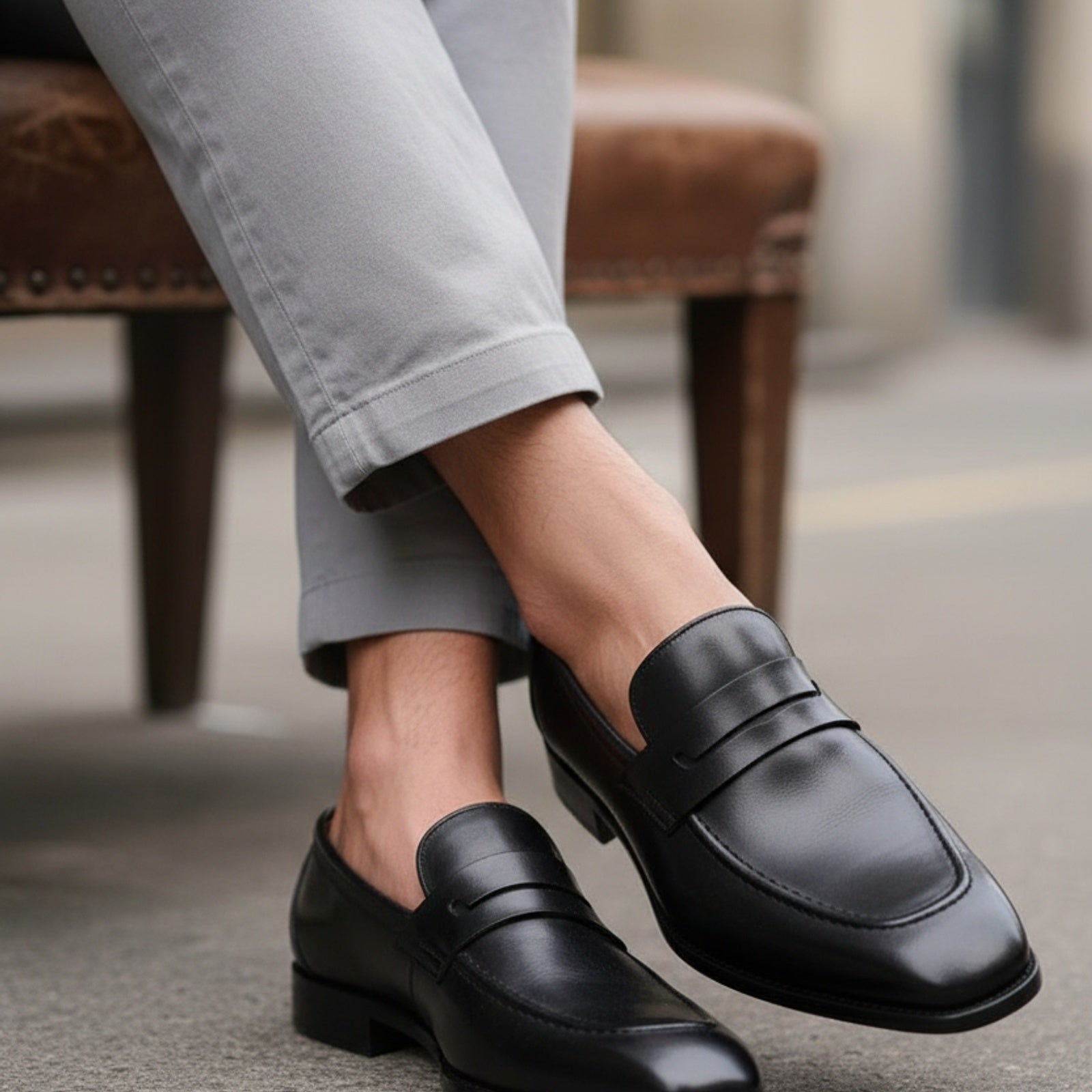 model-siting - Men's Brown Leather Dress Moccasins