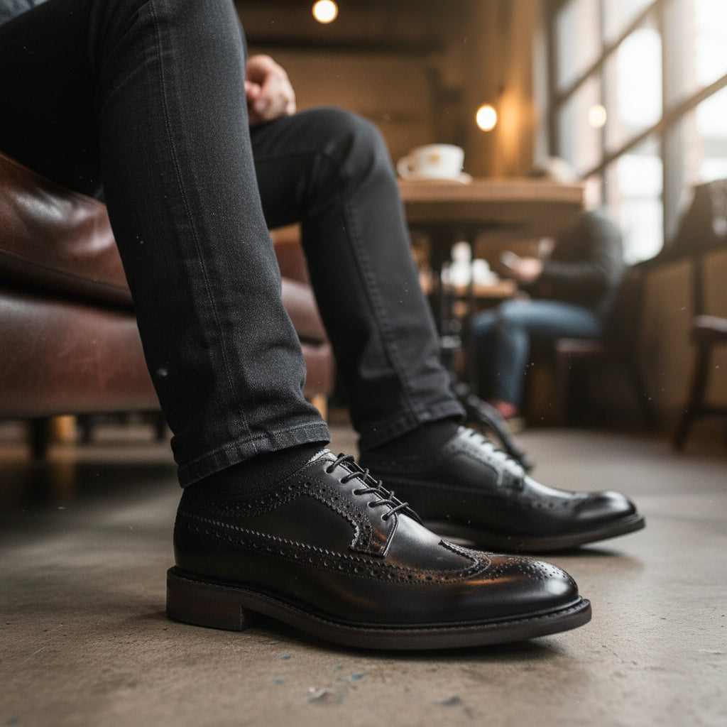 model-siting - Men's Brown Leather Dress Shoes