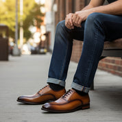model-siting - Men's Brown Leather Dress Shoes