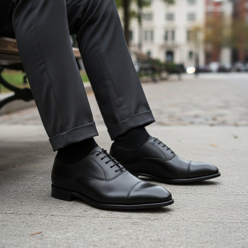 model-siting - Men's Brown Leather Formal Dress Shoes