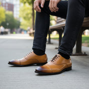 model-siting - Men's Brown Leather Formal Dress Shoes