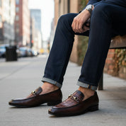 model-siting - Men's Brown Leather Formal Shoes