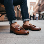 model-siting - Men's Brown Leather Fringe Moccasins