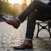 model-siting - Men's Brown Leather Lace-Up Ankle Boots