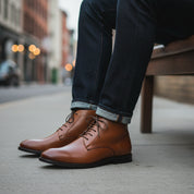model-siting - Men's Brown Leather Lace-Up Ankle Boots