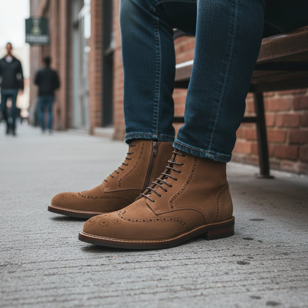 model-siting - Men's Brown Leather Lace-Up Boots