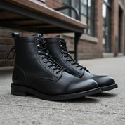 model-siting - Men's Brown Leather Lace-Up Boots