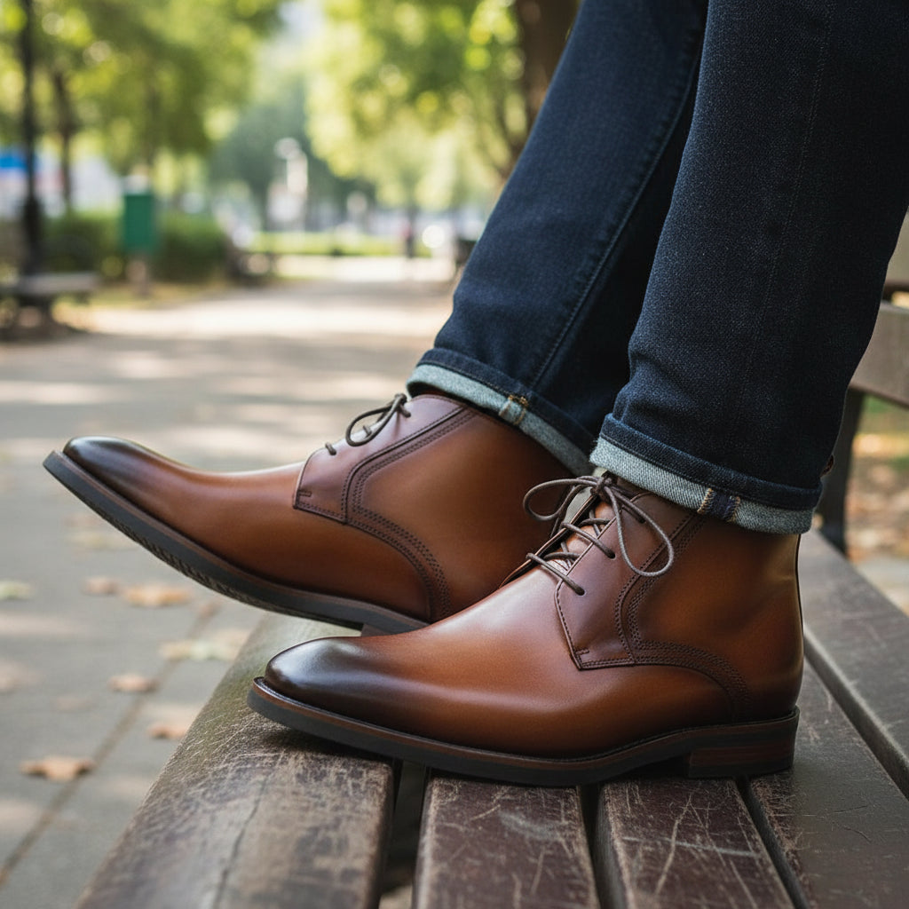 model-siting - Men's Brown Leather Lace-Up Boots
