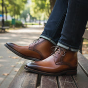 model-siting - Men's Brown Leather Lace-Up Boots