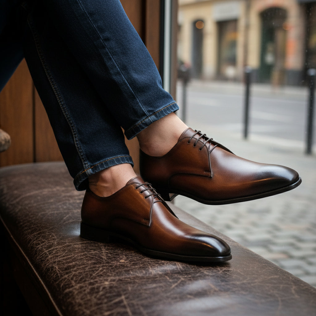 model-siting - Men's Brown Leather Lace-Up Dress Shoes