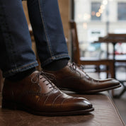 model-siting - Men's Brown Leather Lace-Up Oxford Shoes