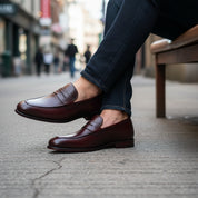 model-siting - Men's Brown Leather Loafer Moccasins