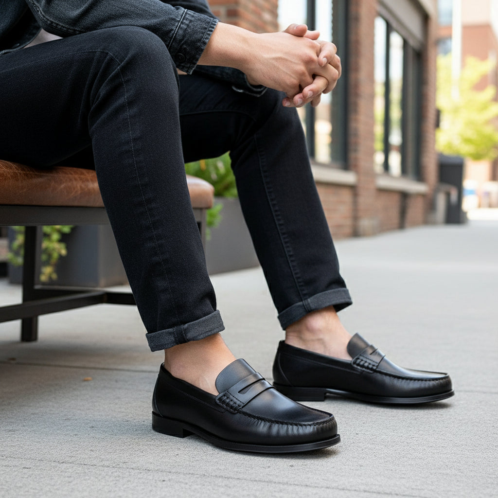 model-siting - Men's Brown Leather Loafer Shoes