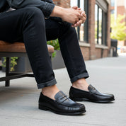 model-siting - Men's Brown Leather Loafer Shoes