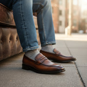 model-siting - Men's Brown Leather Loafer Shoes