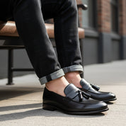 model-siting - Men's Brown Leather Loafers