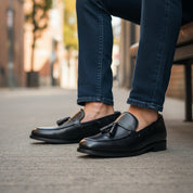 model-siting - Men's Brown Leather Loafers