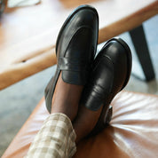 model-siting - Men's Brown Leather Moc-Toe Loafers