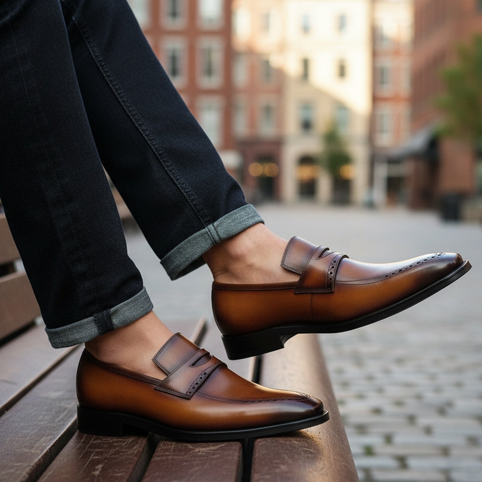 model-siting - Men's Brown Leather Moccasin Dress Shoes