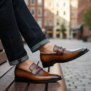 model-siting - Men's Brown Leather Moccasin Dress Shoes