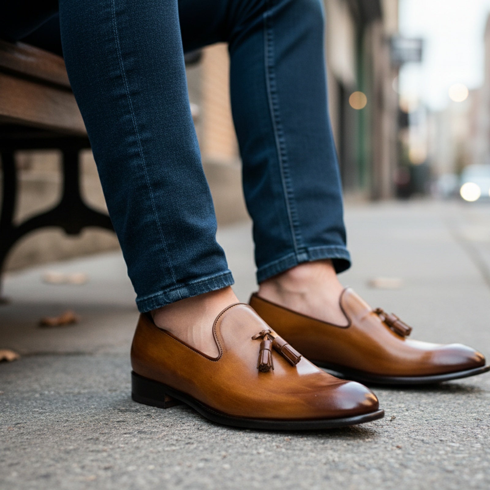 model-siting - Men's Brown Leather Moccasin Loafers