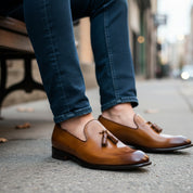 model-siting - Men's Brown Leather Moccasin Loafers