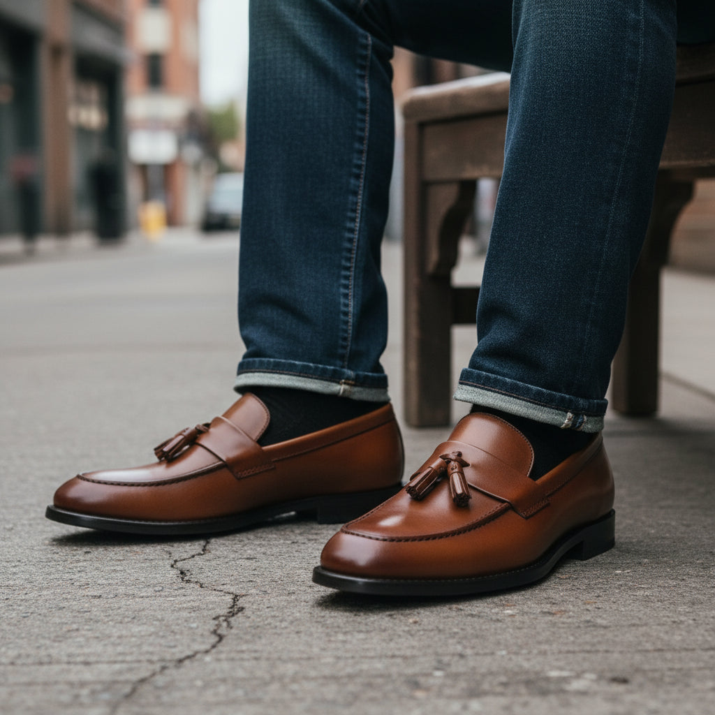 model-siting - Men's Brown Leather Moccasin Loafers