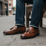 model-siting - Men's Brown Leather Moccasin Loafers