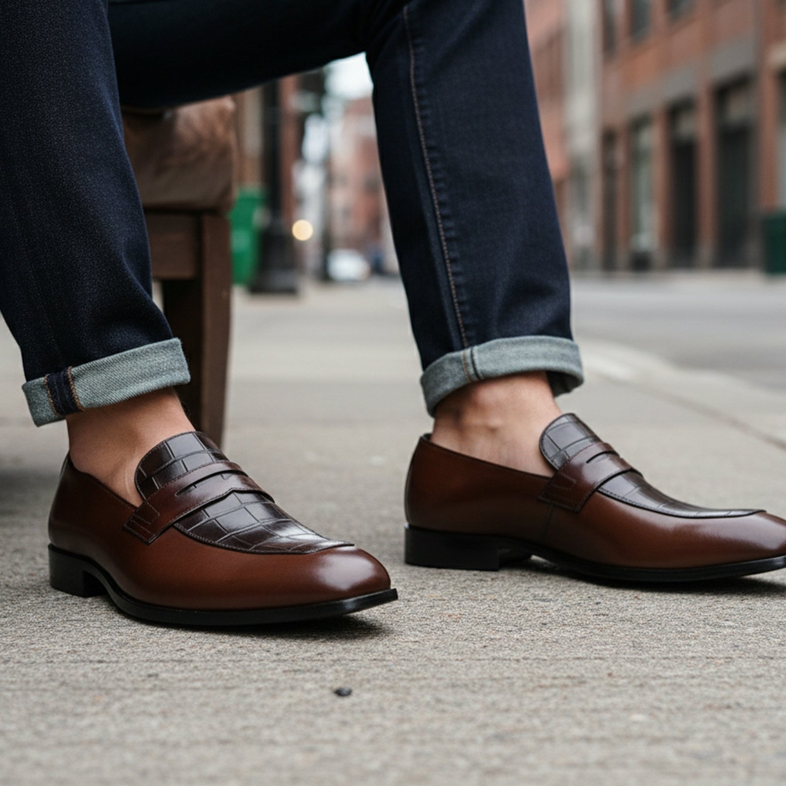 model-siting - Men's Brown Leather Moccasins with Crocodile Embossing