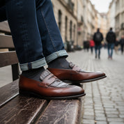 Men's Brown Leather Moccasins with Crocodile Texture - model-siting