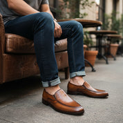 model-siting - Men's Brown Leather Moccasins