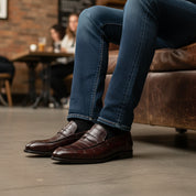 model-siting - Men's Brown Leather Moccasins