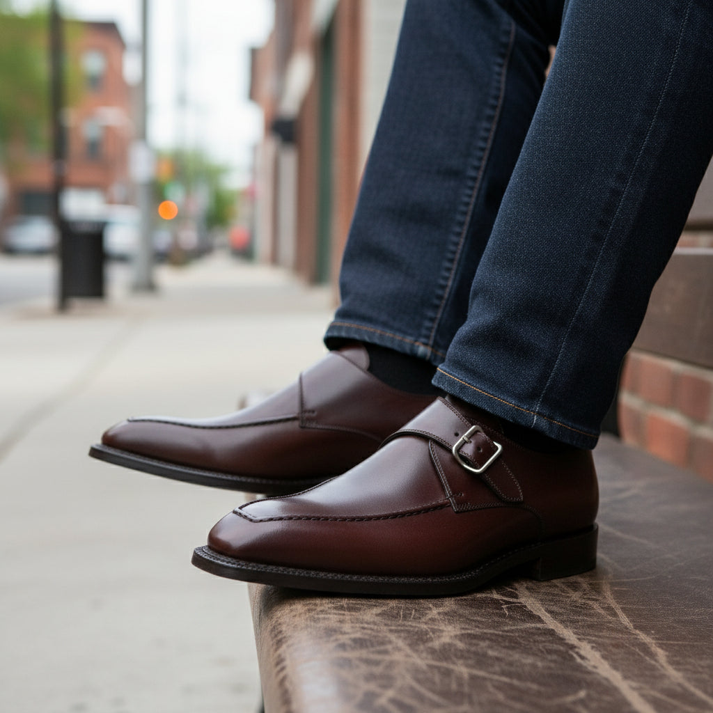 model-siting - Men's Brown Leather Monk Shoes