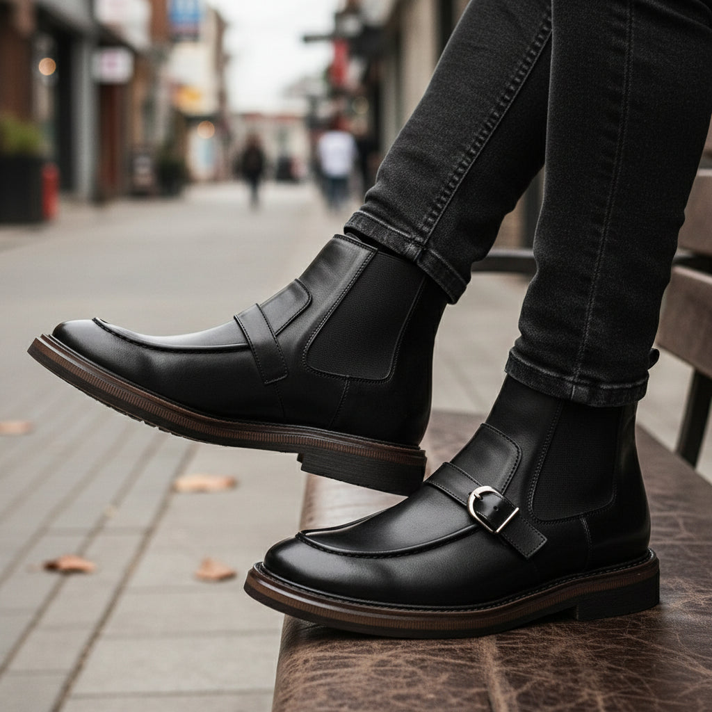 model-siting - Men's Brown Leather Monk Strap Boots
