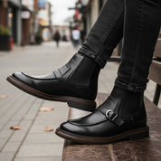 model-siting - Men's Brown Leather Monk Strap Boots