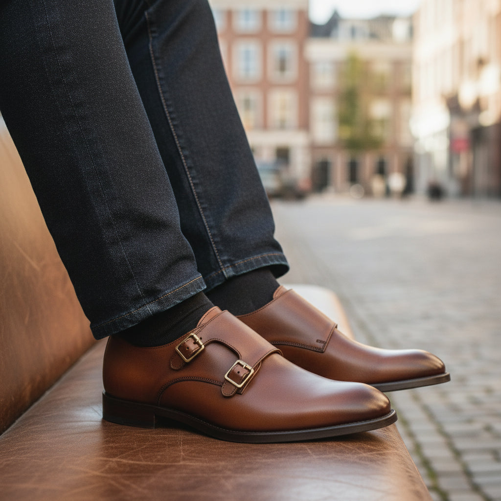 model-siting - Men's Brown Leather Monk Strap Dress Shoes