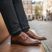 model-siting - Men's Brown Leather Monk Strap Dress Shoes