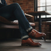 model-siting - Men's Brown Leather Monk Strap Shoes